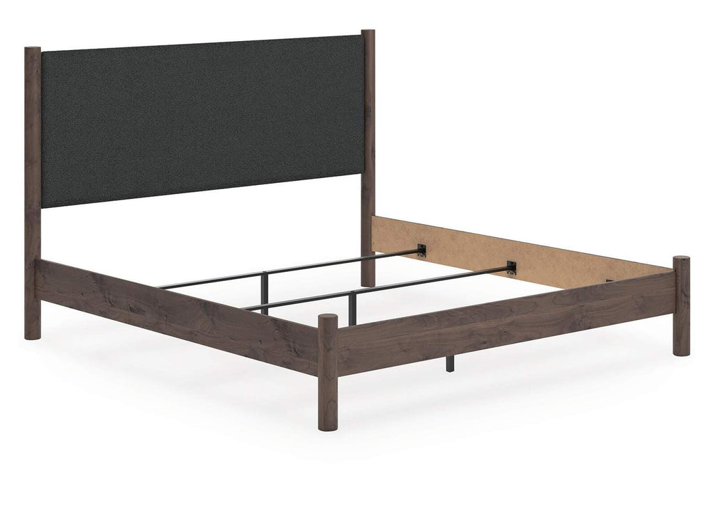 Cadmori King Upholstered Panel Bed, Dresser, Mirror, Chest and Nightstand angled view