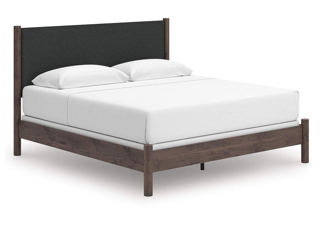 Cadmori King Upholstered Panel Bed, Chest and Nightstand angled view