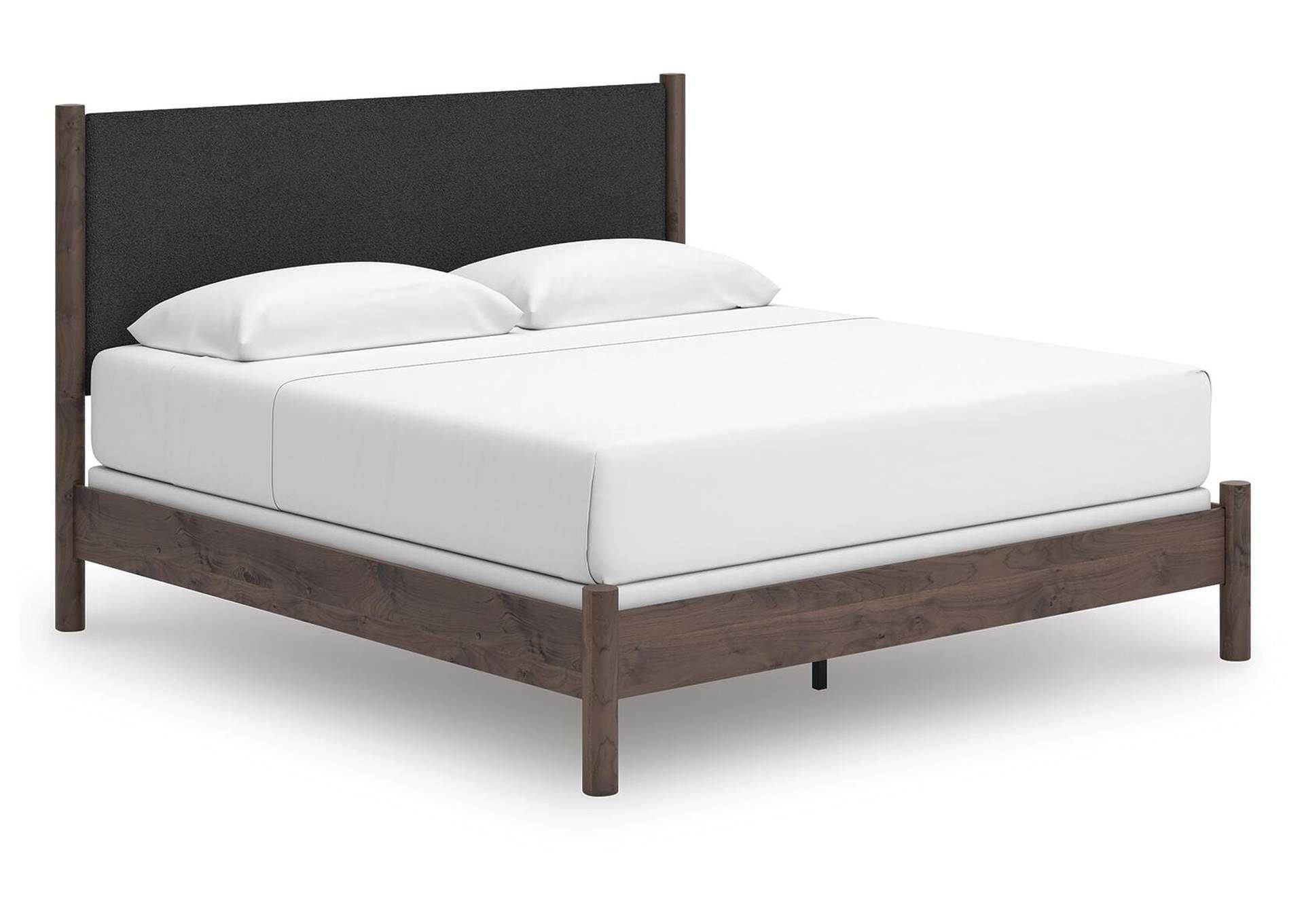 Cadmori King Upholstered Panel Bed, Chest and Nightstand angled view