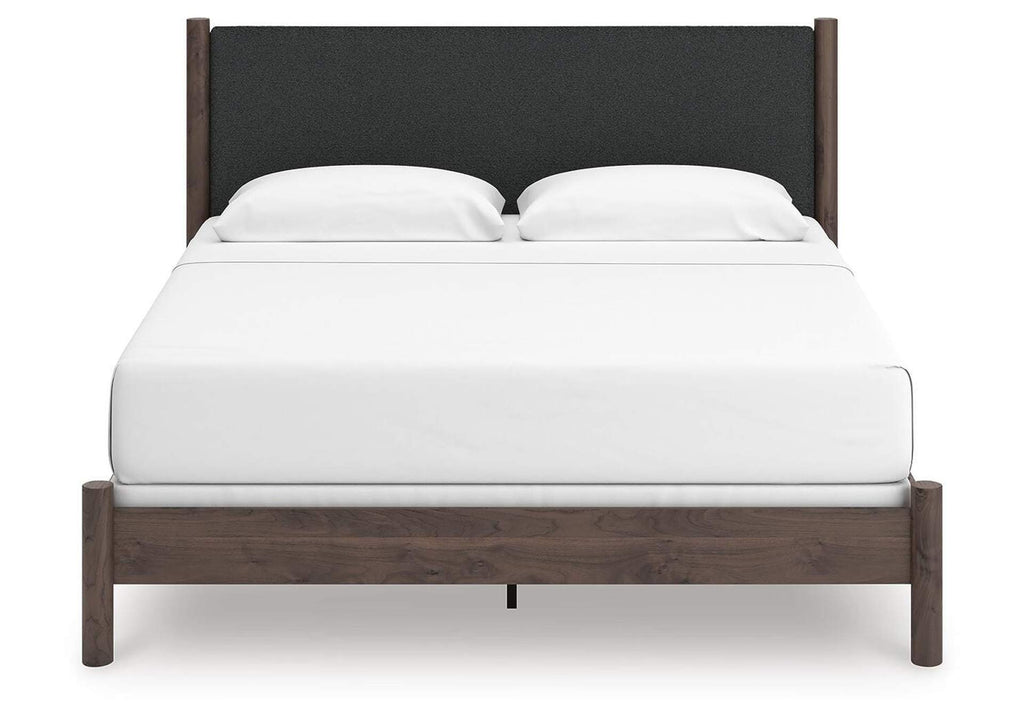 Cadmori King Upholstered Panel Bed, Dresser, Mirror and Chest