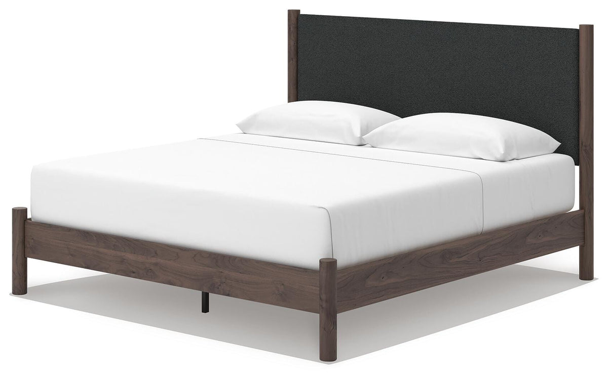 Pamytta King Upholstered Panel Platform Bed in Brown, angle view