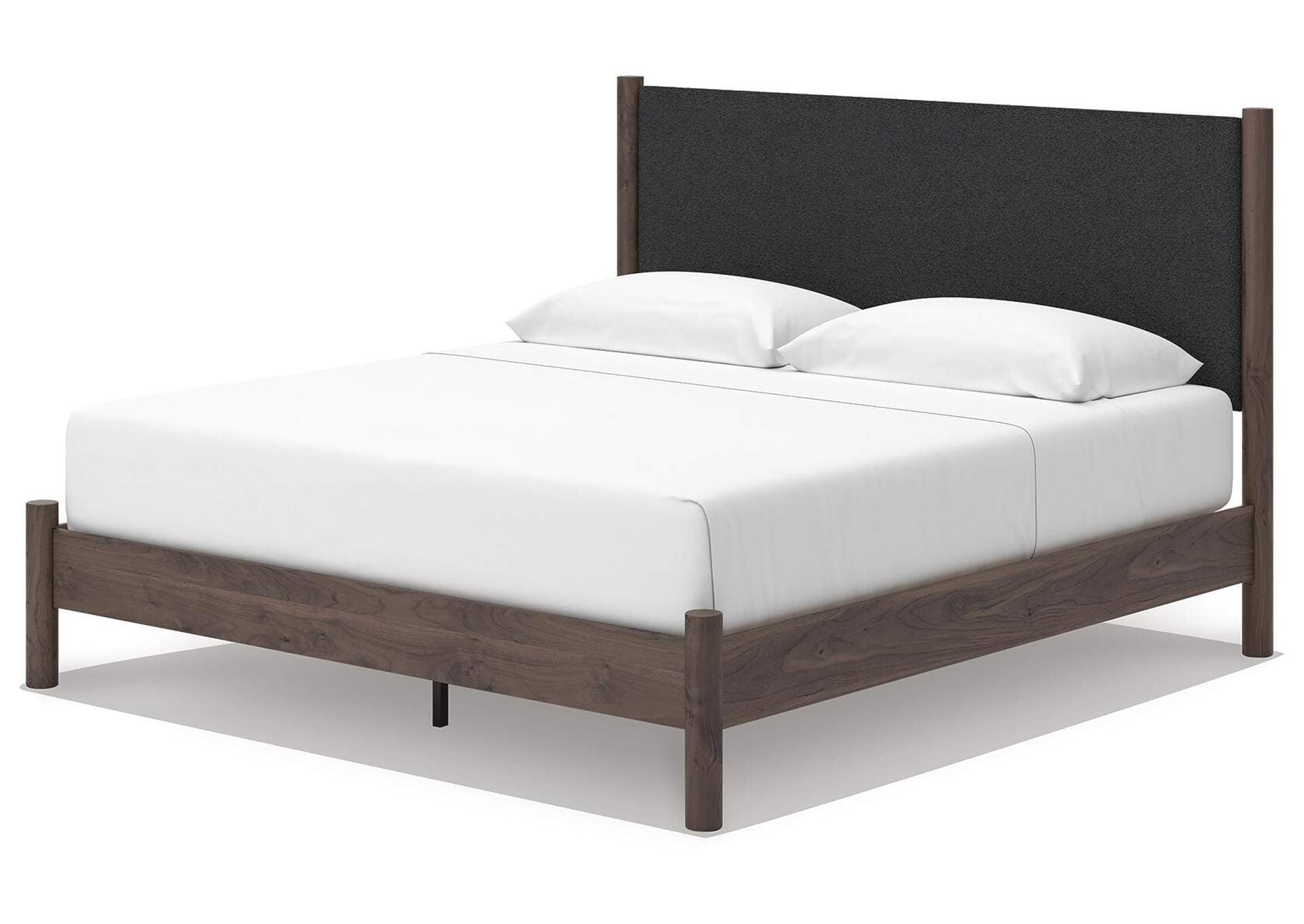 Cadmori King Upholstered Panel Platform Bed, Dresser and Mirror angled view