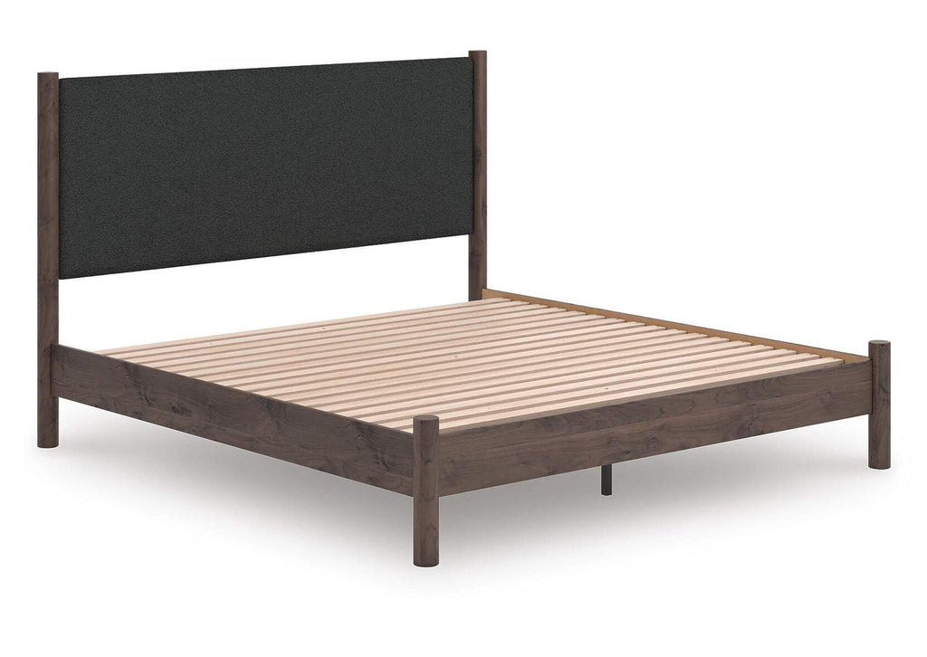 Cadmori King Upholstered Panel Platform Bed, Dresser and Chest angled view