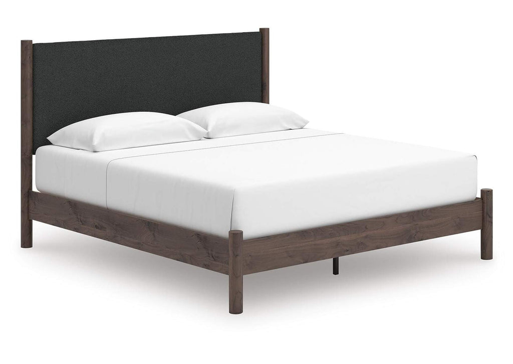 Cadmori King Upholstered Panel Platform Bed, Dresser, Mirror and Nightstand angled view