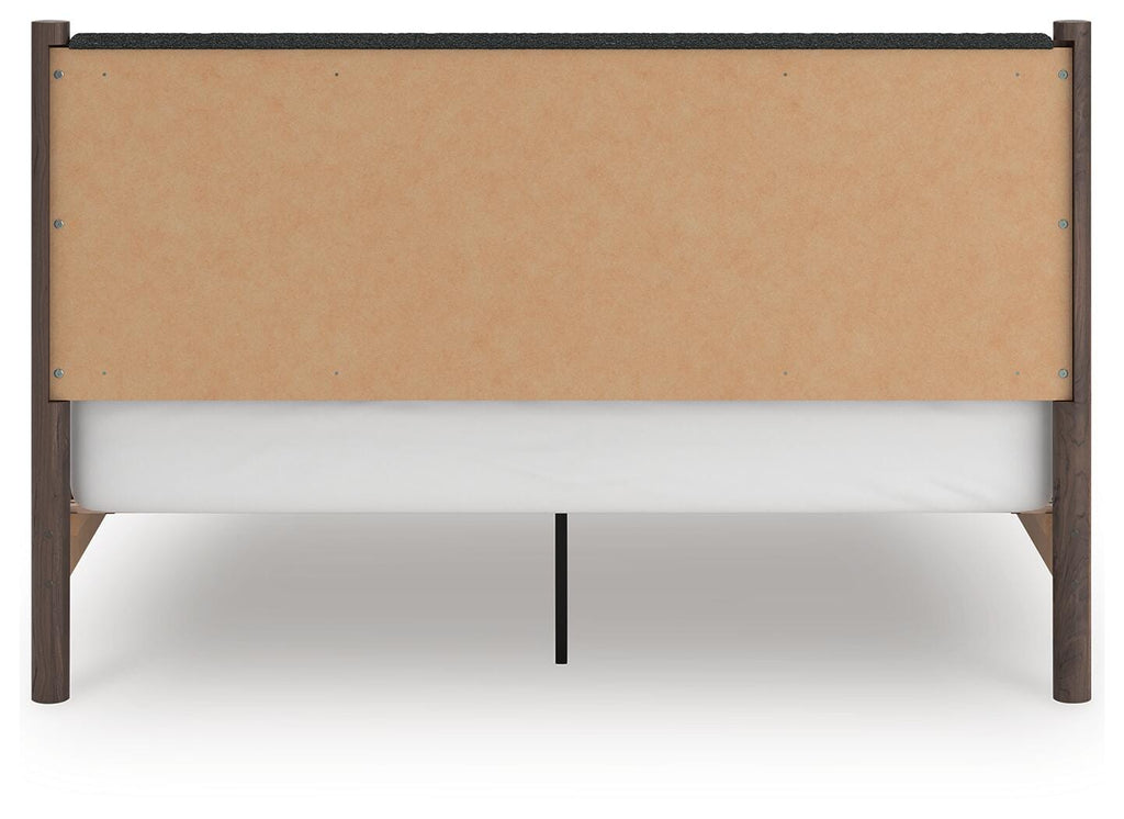 Pamytta King Upholstered Panel Platform Bed in Brown, back view