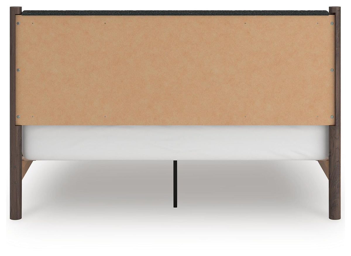 Pamytta King Upholstered Panel Platform Bed in Brown, back view