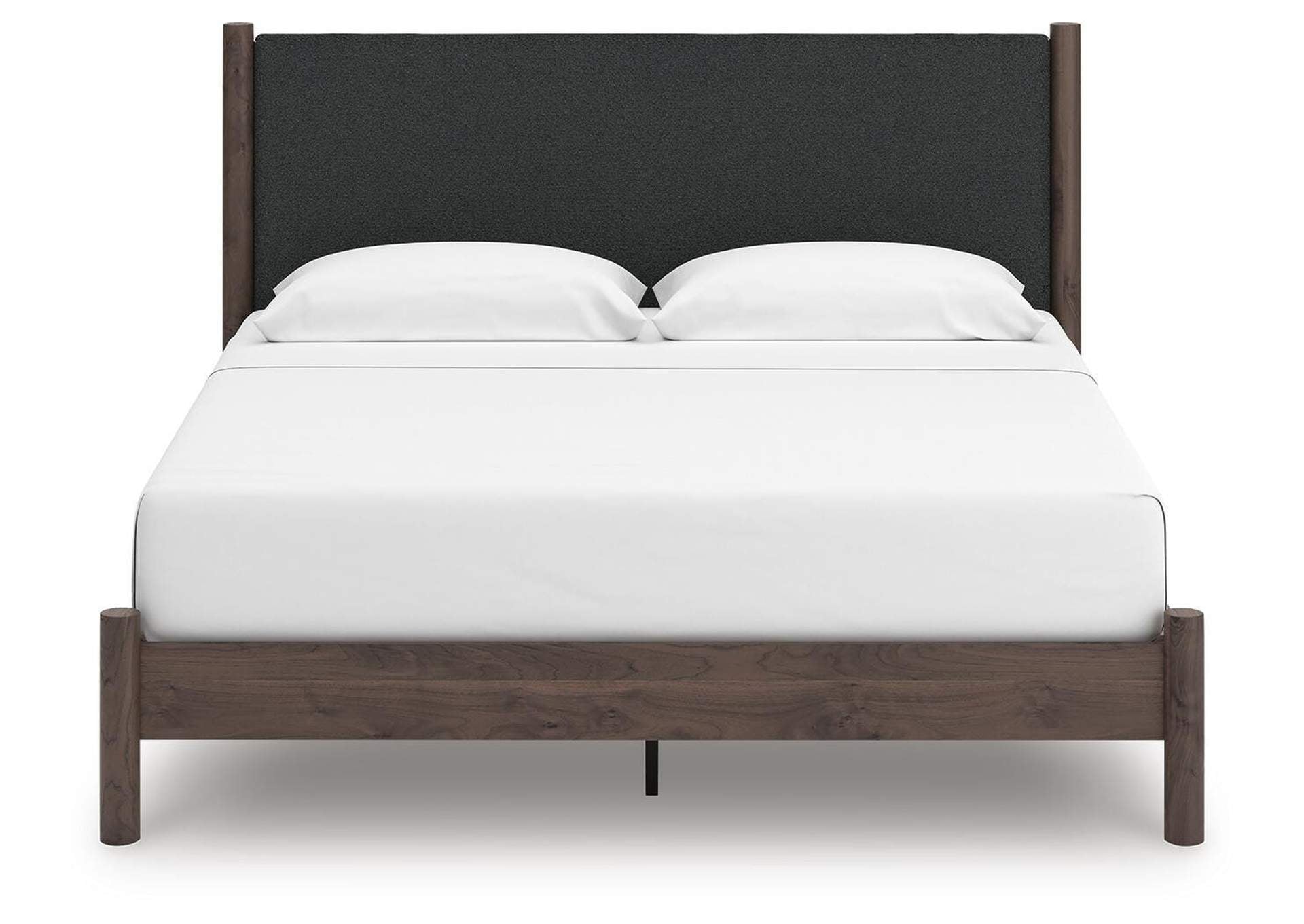 Cadmori King Upholstered Panel Platform Bed, Dresser and Nightstand front view