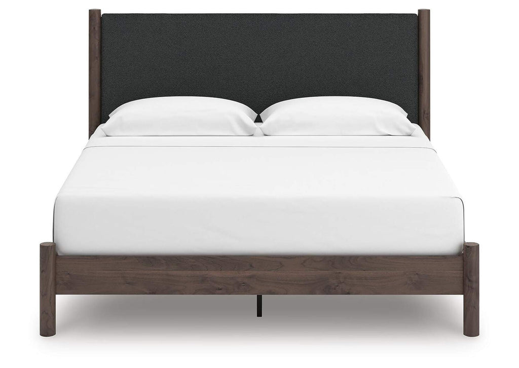 Cadmori King Upholstered Panel Platform Bed, Dresser, Mirror and Chest