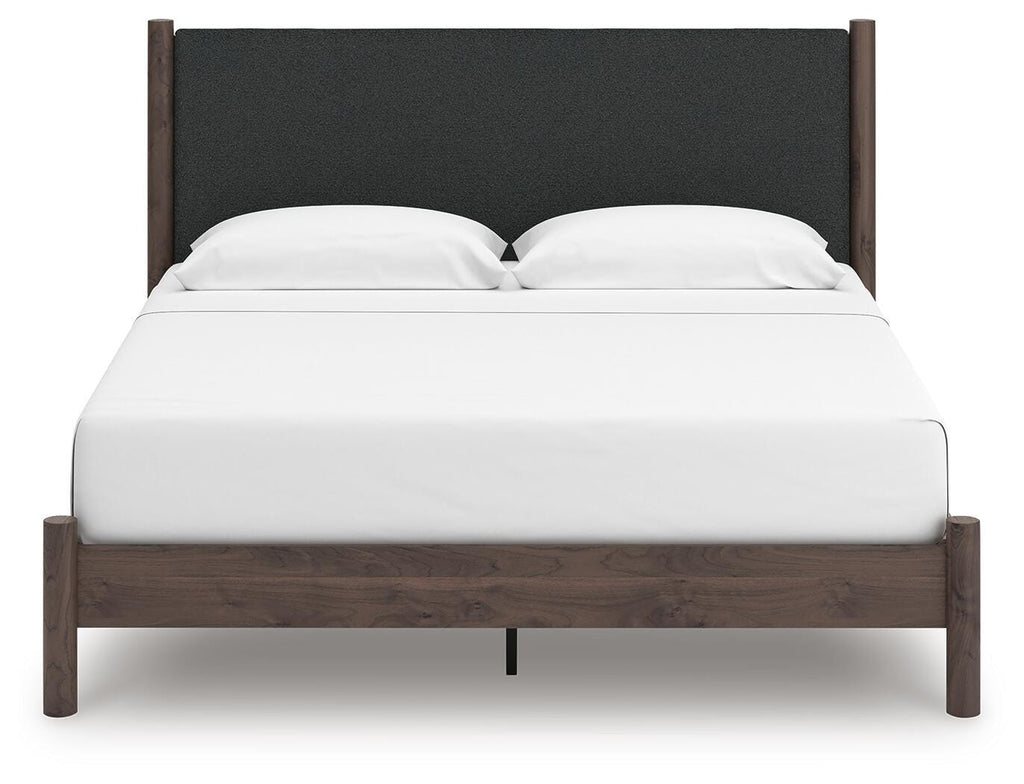 Pamytta King Upholstered Panel Platform Bed in Brown, front view