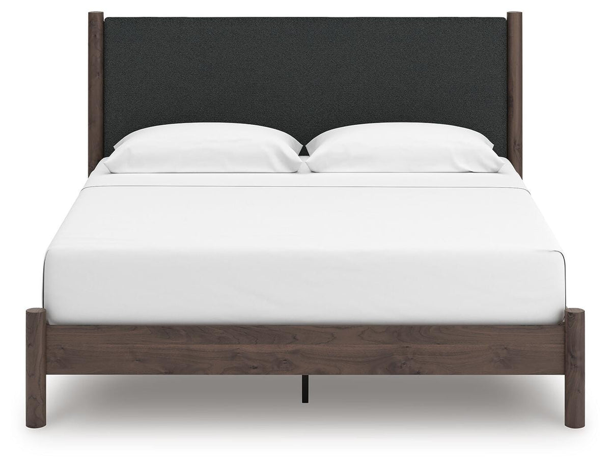 Pamytta King Upholstered Panel Platform Bed in Brown, front view