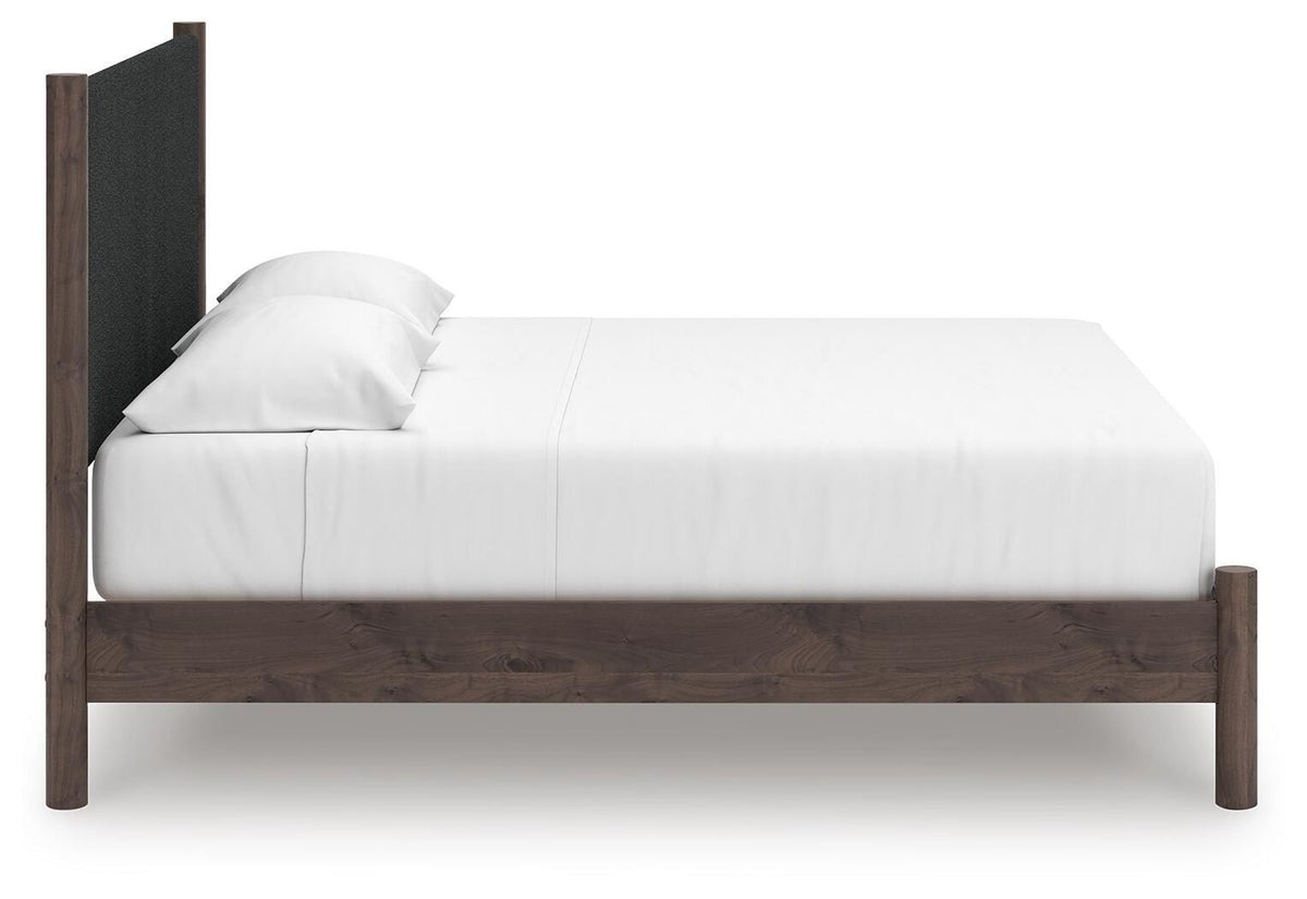 Pamytta King Upholstered Panel Platform Bed in Brown, side view