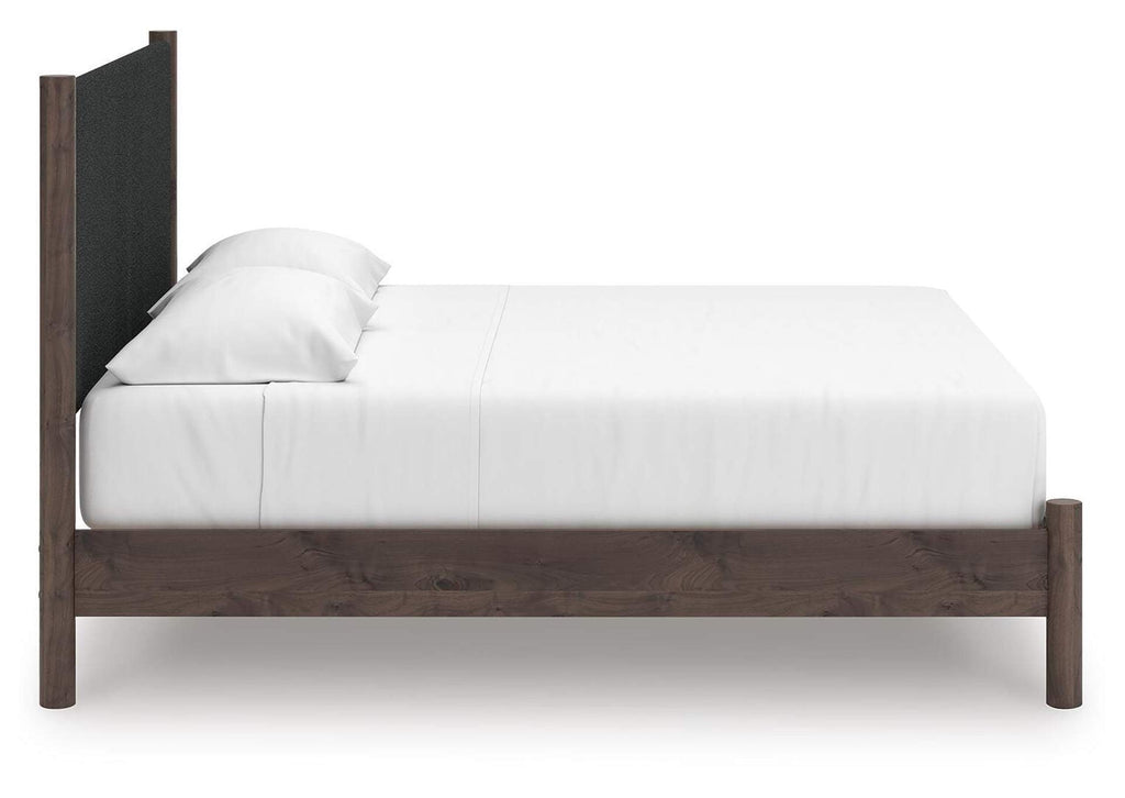 Cadmori King Upholstered Panel Platform Bed, Dresser and Mirror side view