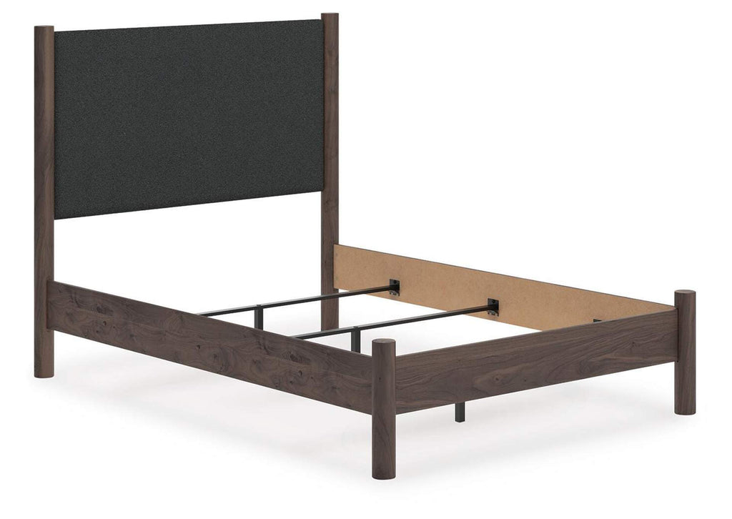 Cadmori Full Upholstered Panel Bed, Chest and Nightstand angled view