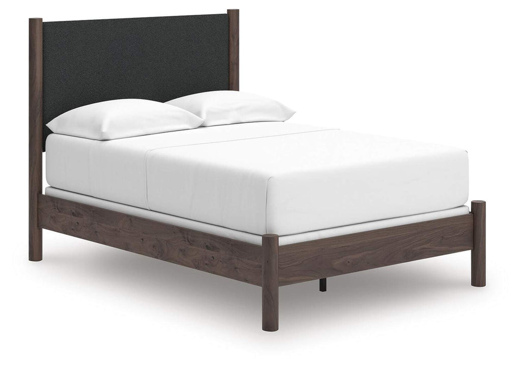 Cadmori Full Upholstered Panel Bed, Dresser, Mirror, Chest and Nightstand angled view