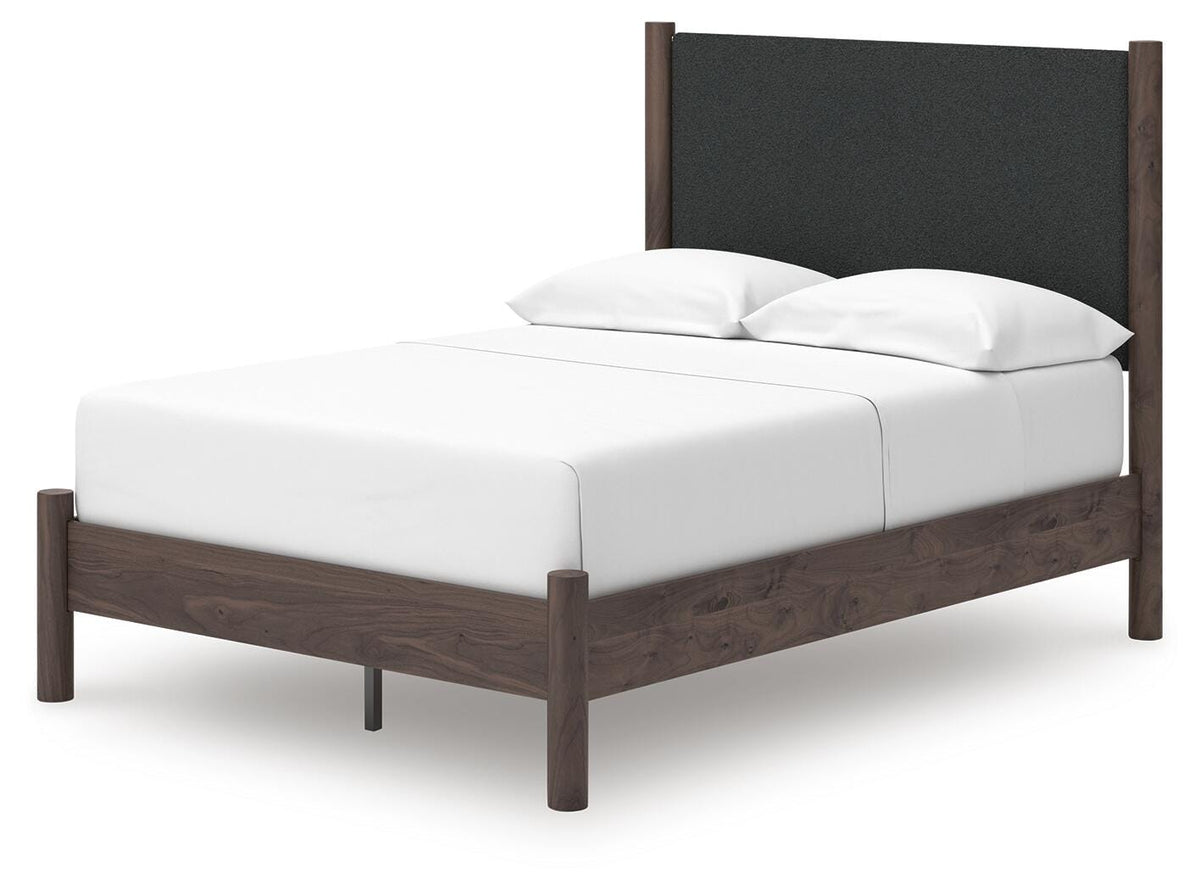 Pamytta Full Upholstered Panel Platform Bed in Brown, angle view