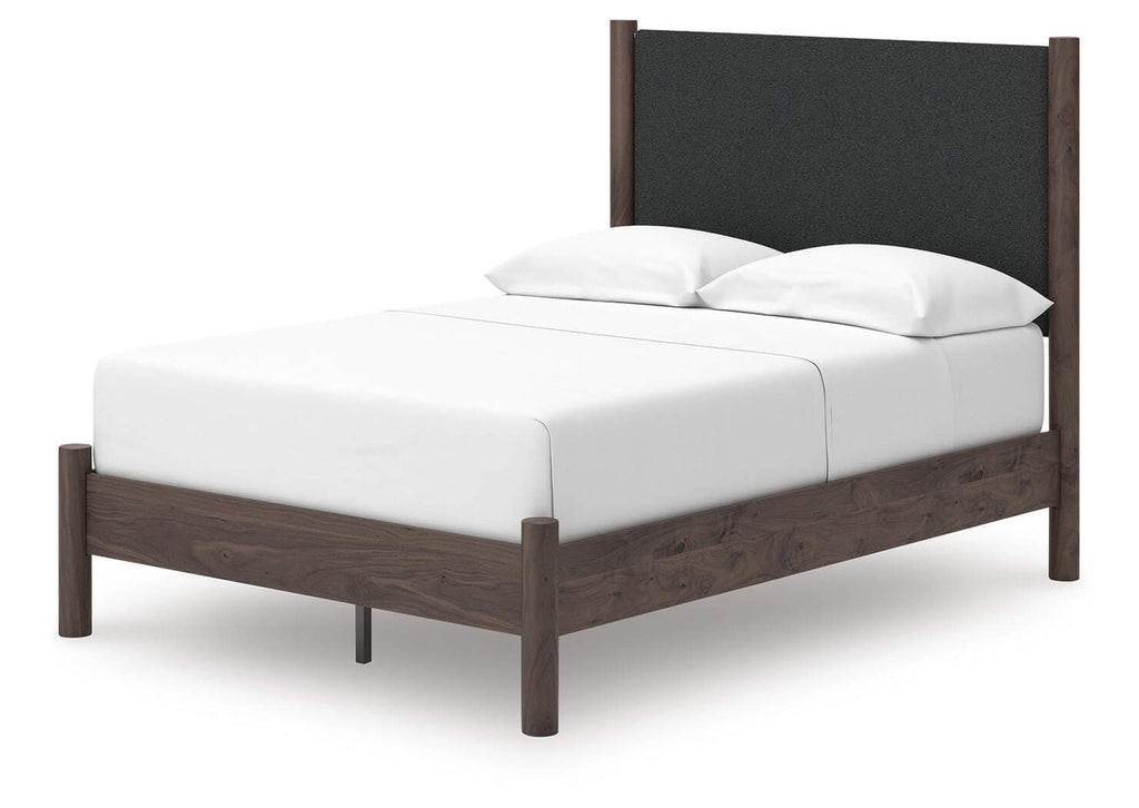 Cadmori Full Upholstered Panel Platform Bed, Dresser, Mirror, Chest and Nightstand angled view