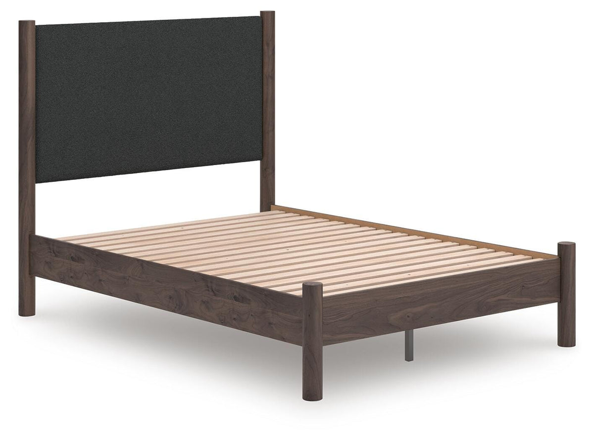 Pamytta Full Upholstered Panel Platform Bed in Brown, angle view