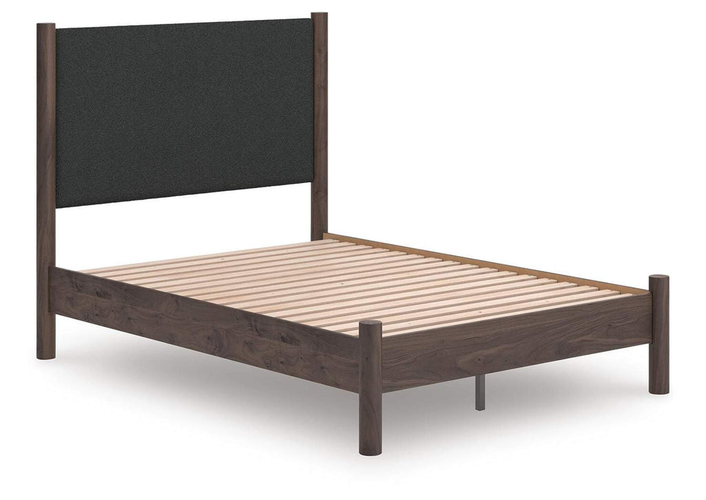 Cadmori Full Upholstered Panel Platform Bed, Dresser and Nightstand angled view