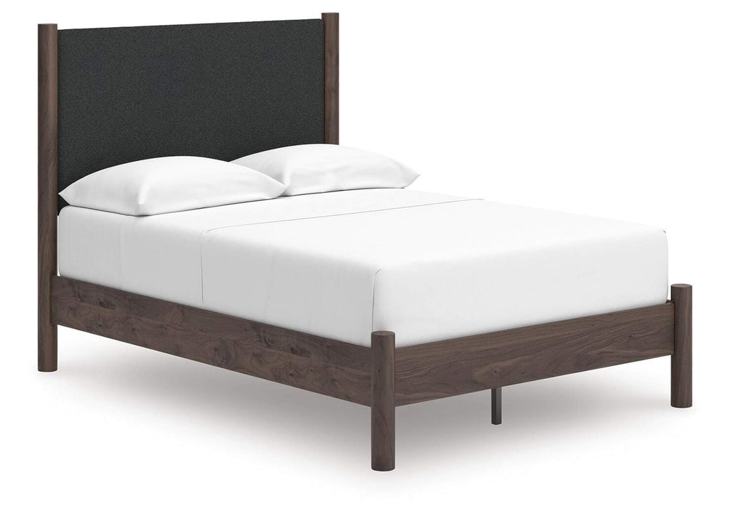 Cadmori Full Upholstered Panel Platform Bed and Dresser angled view