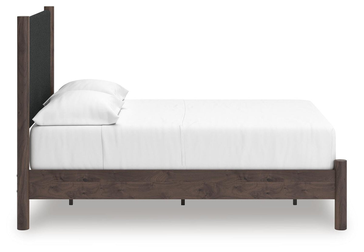 Pamytta Full Upholstered Panel Platform Bed in Brown, side view