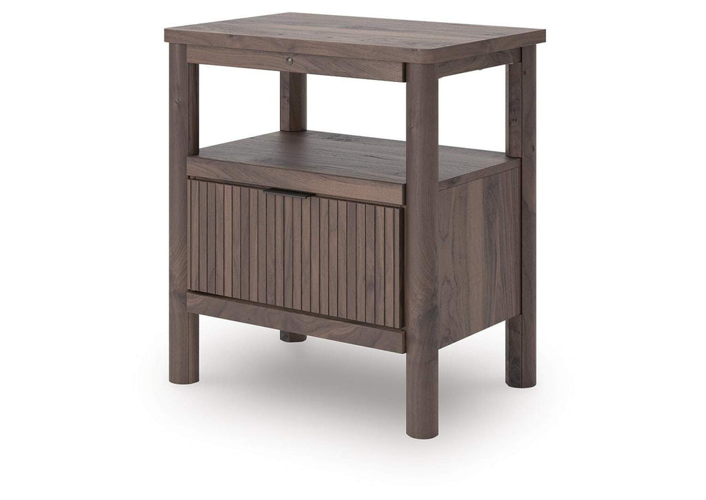 Cadmori Full Upholstered Panel Platform Bed, Dresser, Mirror, Chest and Nightstand angled view