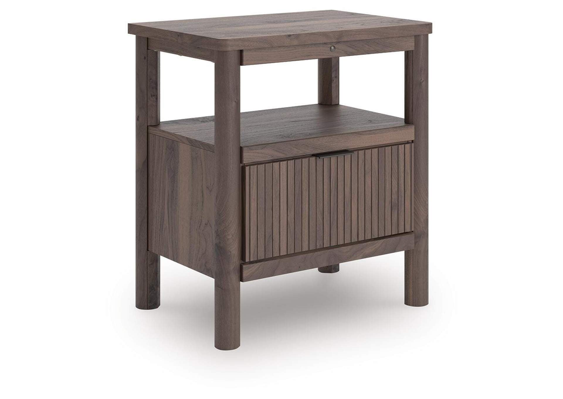 Cadmori Twin Upholstered Panel Bed, Dresser, Mirror and Nightstand angled view