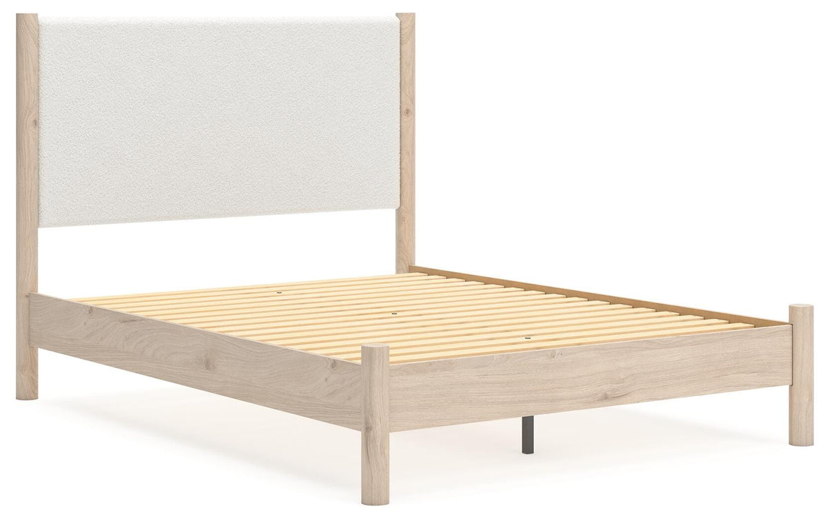 Cadmori Queen Upholstered Panel Bed in Two-tone, angle view