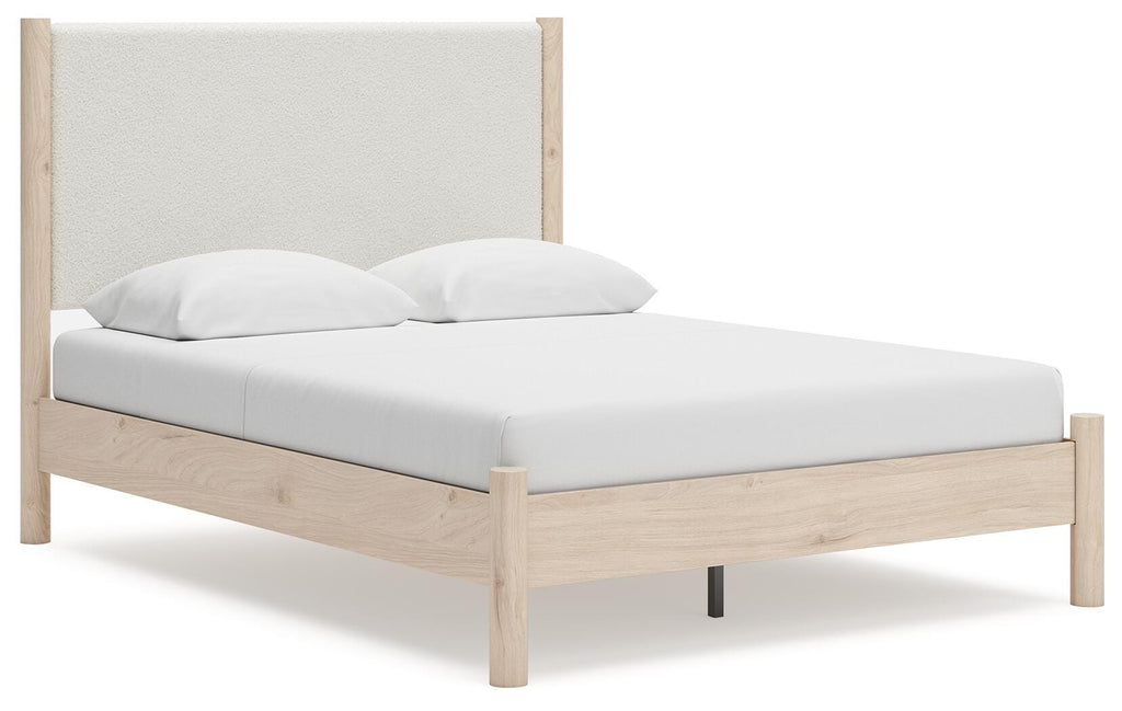 Cadmori Queen Upholstered Panel Bed in Two-tone, angle view