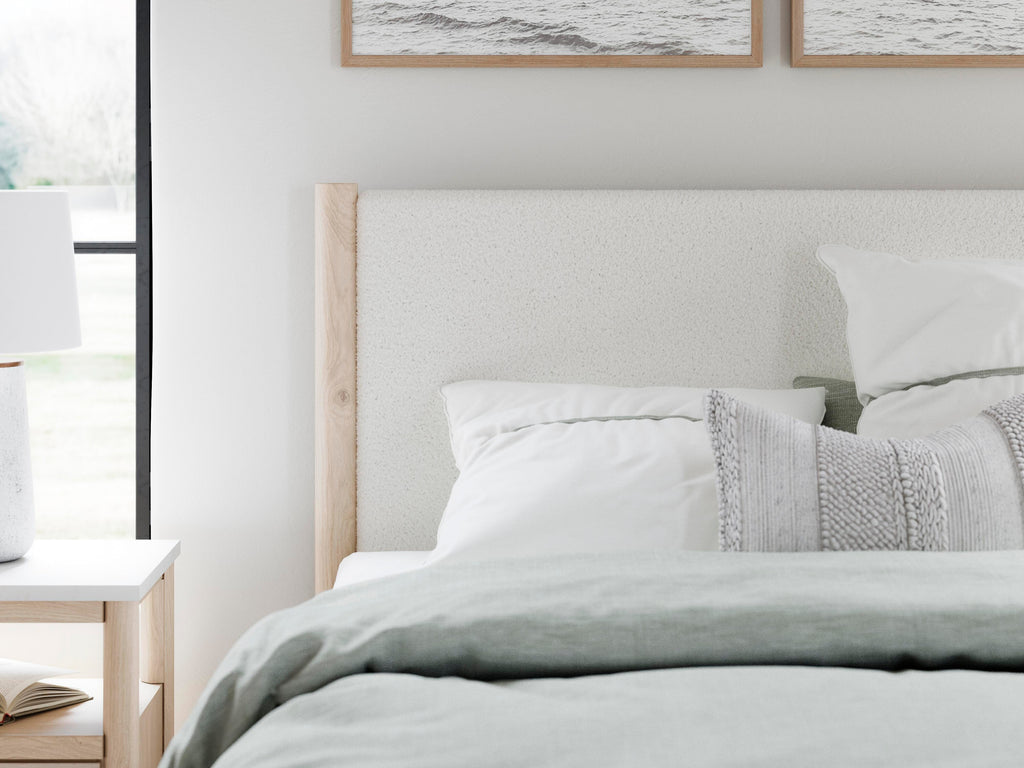 Cadmori Queen Upholstered Panel Bed in Two-tone, detail view