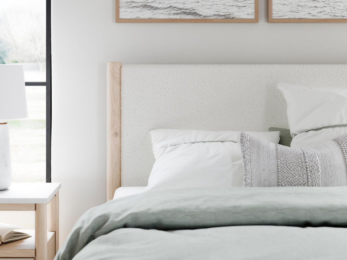 Cadmori Queen Upholstered Panel Bed in Two-tone, detail view