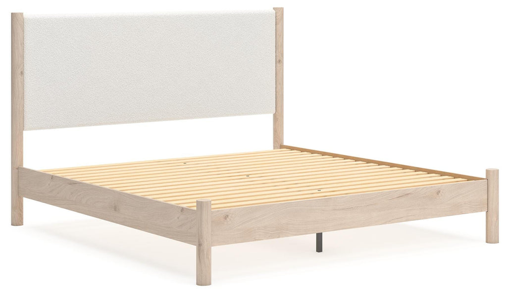 Cadmori King Upholstered Panel Bed in Two-tone, angle view