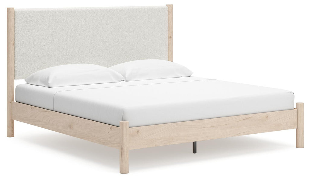 Cadmori King Upholstered Panel Bed in Two-tone, angle view