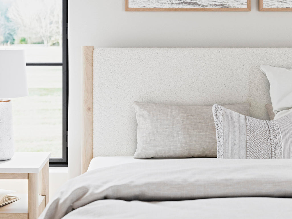 Cadmori King Upholstered Panel Bed in Two-tone, detail view