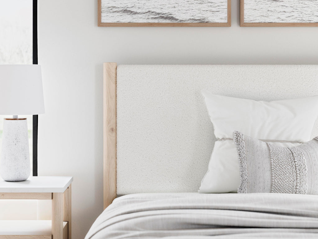 Cadmori Full Upholstered Panel Bed in Two-tone, detail view