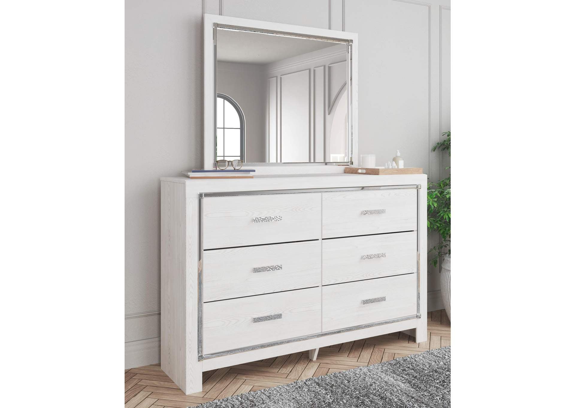 Altyra Queen Upholstered Storage Bed with Mirrored Dresser and Nightstand room view
