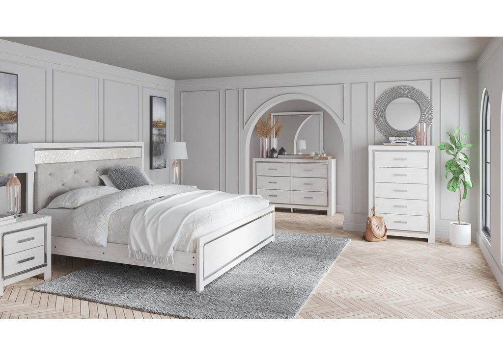 Altyra King Panel Bed with Mirrored Dresser, Chest and Nightstand