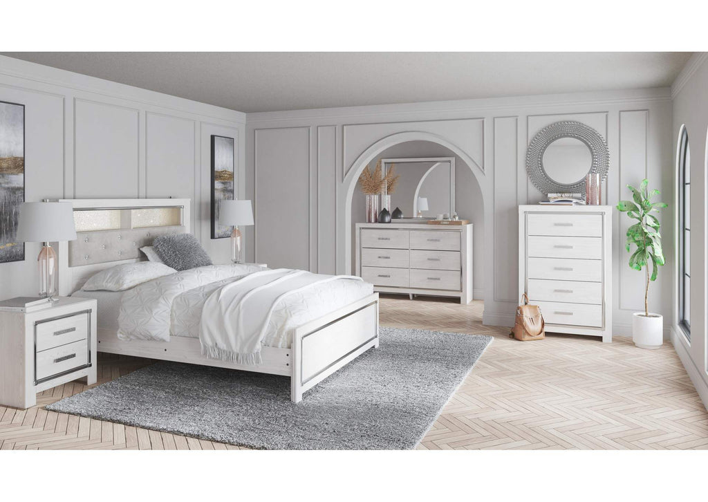 Altyra Queen Bookcase Headboard Bed with Mirrored Dresser, Chest and 2 Nightstands