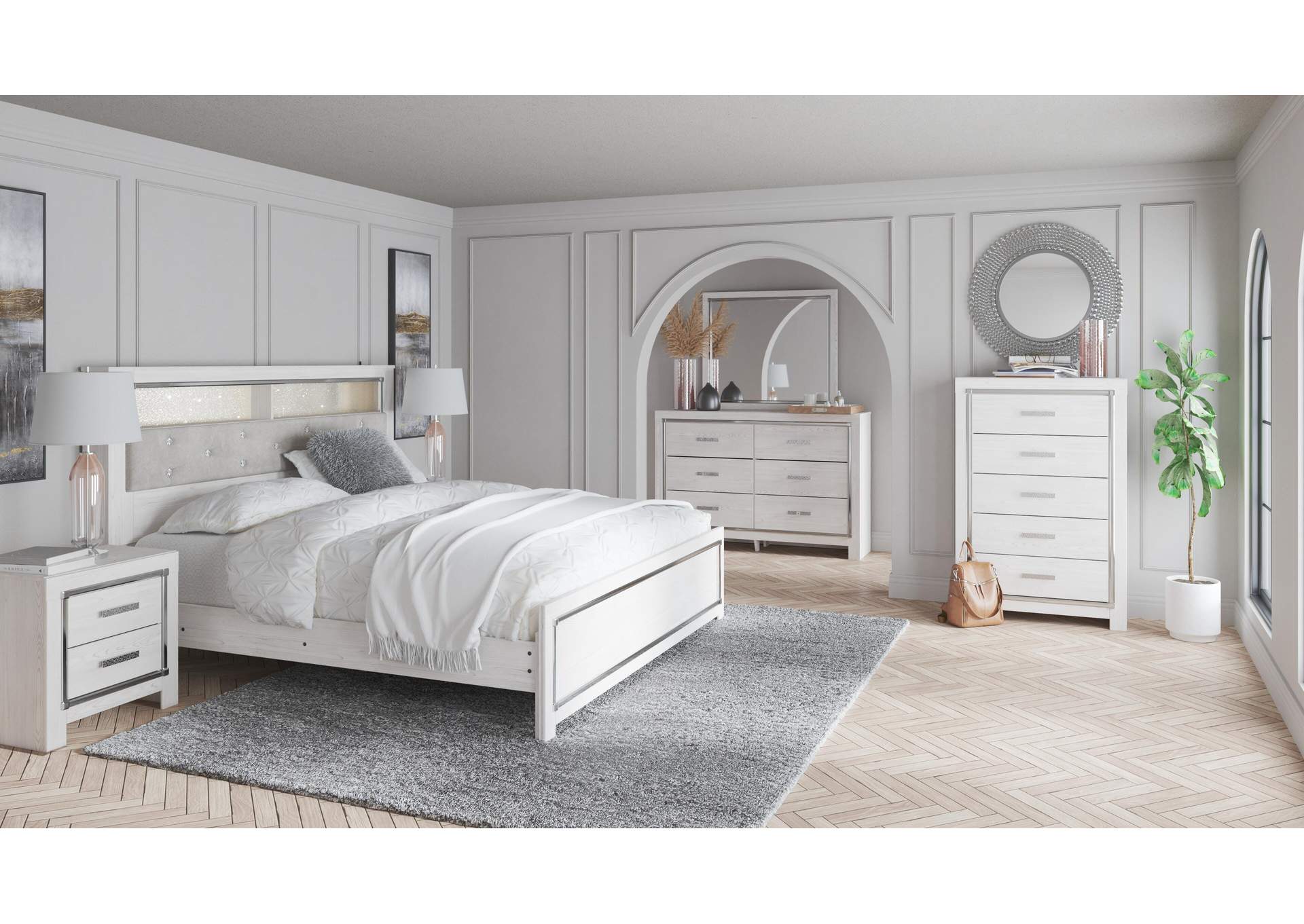 Altyra King Bookcase Headboard Bed with Mirrored Dresser and Chest