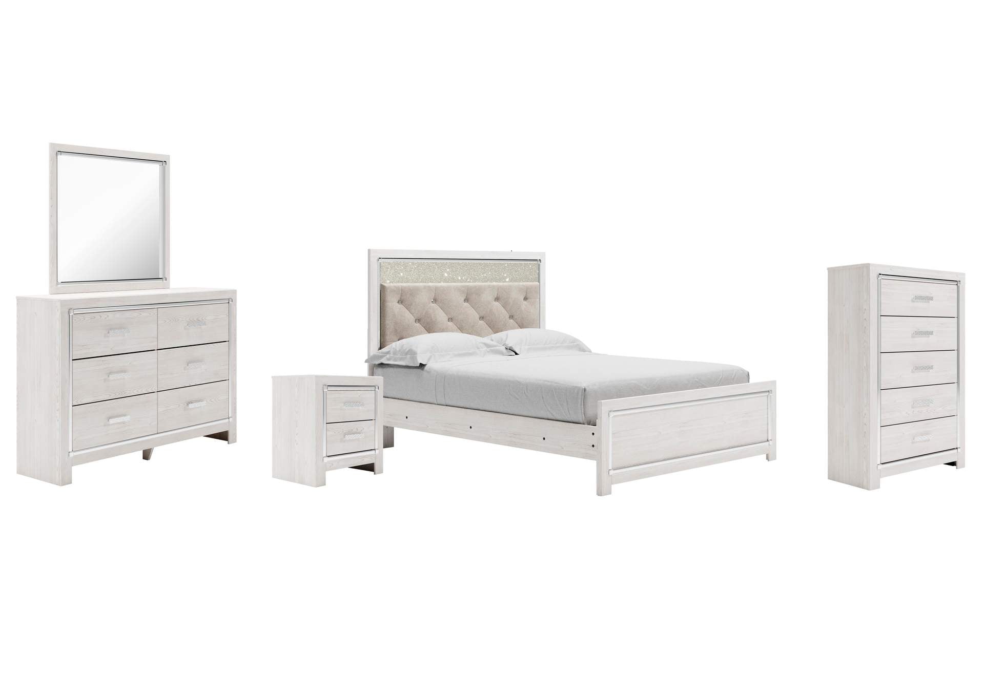 Altyra Queen Panel Bed with Mirrored Dresser, Chest and Nightstand