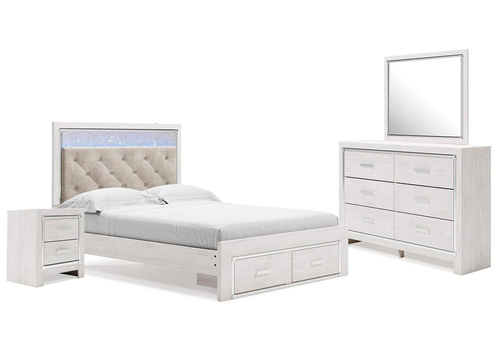 Altyra Queen Upholstered Storage Bed with Mirrored Dresser and Nightstand