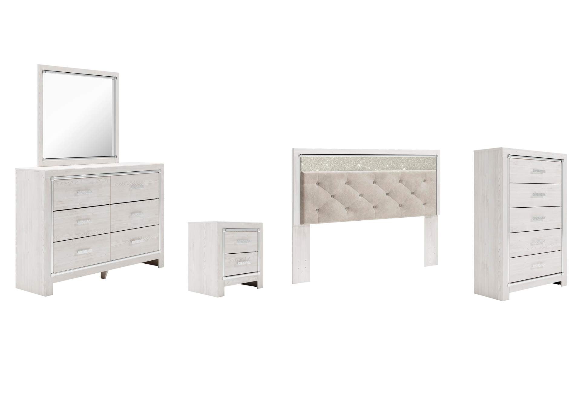 Altyra King Panel Headboard Bed with Mirrored Dresser, Chest and Nightstand