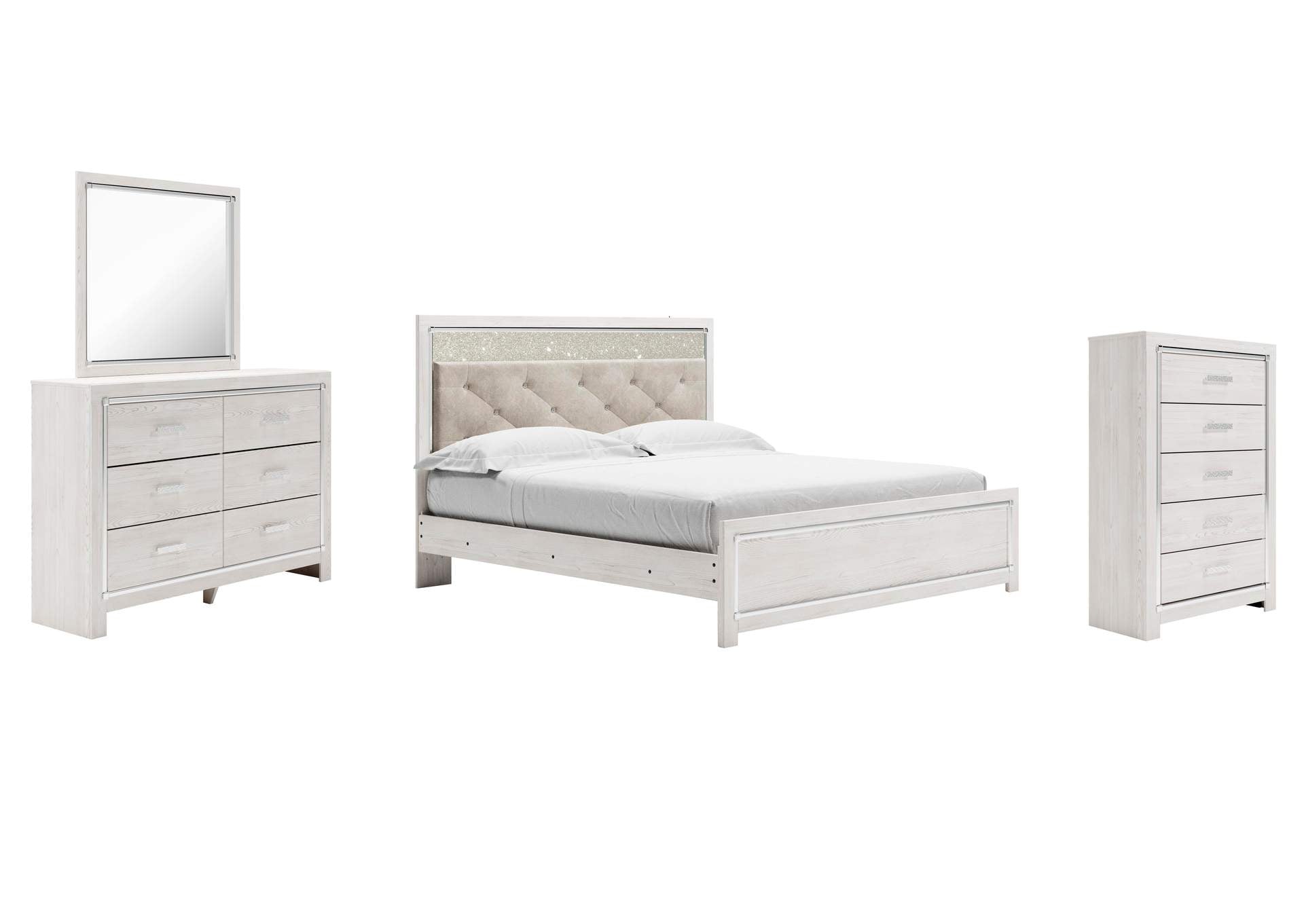 Altyra King Panel Bed with Mirrored Dresser and Chest