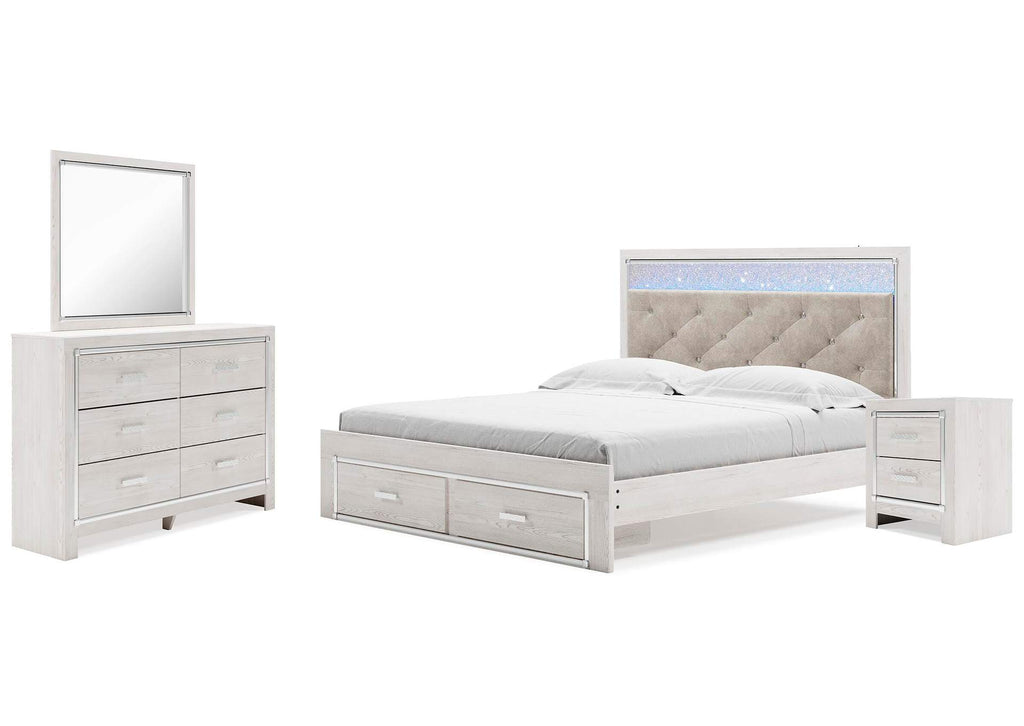 Altyra King Upholstered Storage Bed with Mirrored Dresser and Nightstand