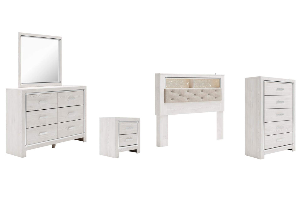 Altyra Queen Bookcase Headboard Bed with Mirrored Dresser, Chest and Nightstand