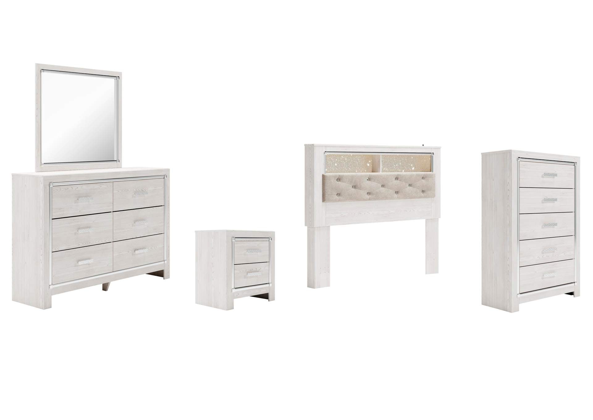Altyra Queen Bookcase Headboard Bed with Mirrored Dresser, Chest and Nightstand