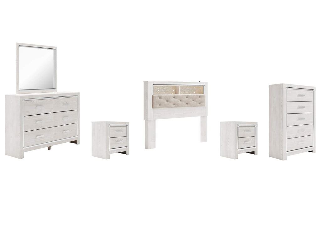 Altyra Queen Bookcase Headboard Bed with Mirrored Dresser, Chest and 2 Nightstands