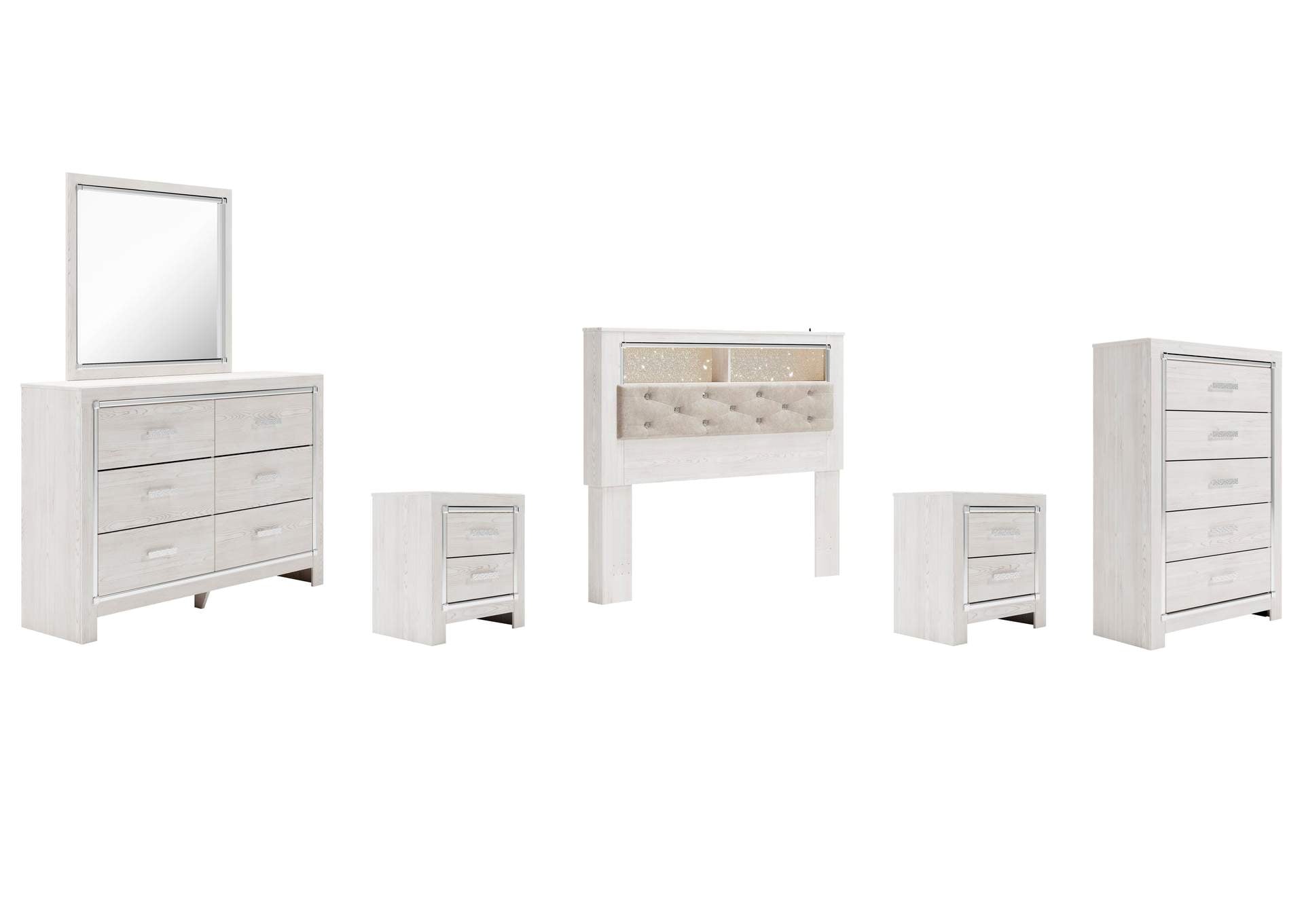 Altyra Queen Bookcase Headboard Bed with Mirrored Dresser, Chest and 2 Nightstands