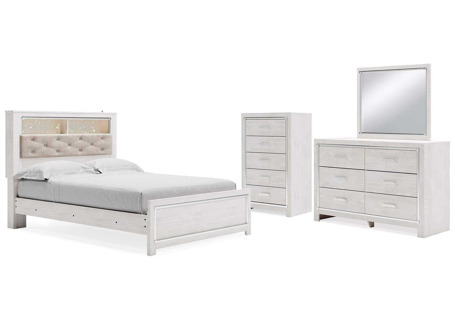 Altyra Queen Panel Bookcase Bed with Mirrored Dresser and Chest