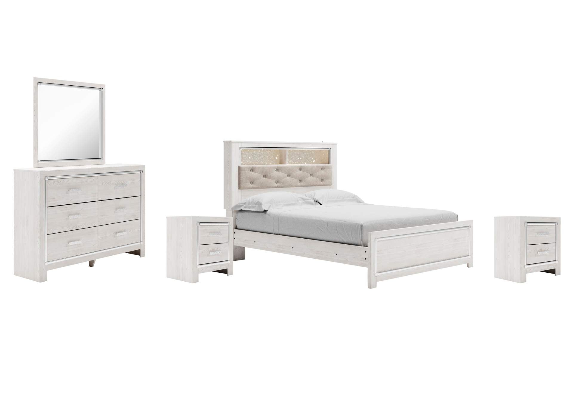 Altyra Queen Panel Bookcase Bed with Mirrored Dresser and 2 Nightstands