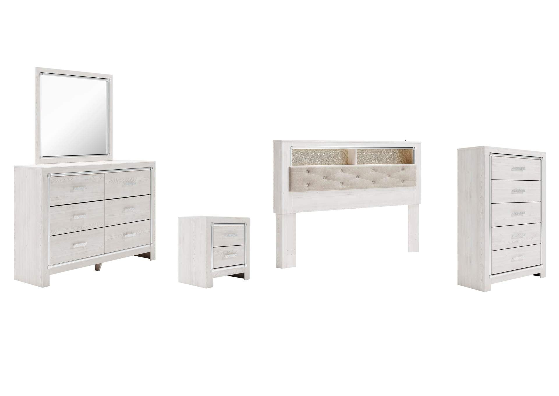 Altyra King Bookcase Headboard Bed with Mirrored Dresser, Chest and Nightstand